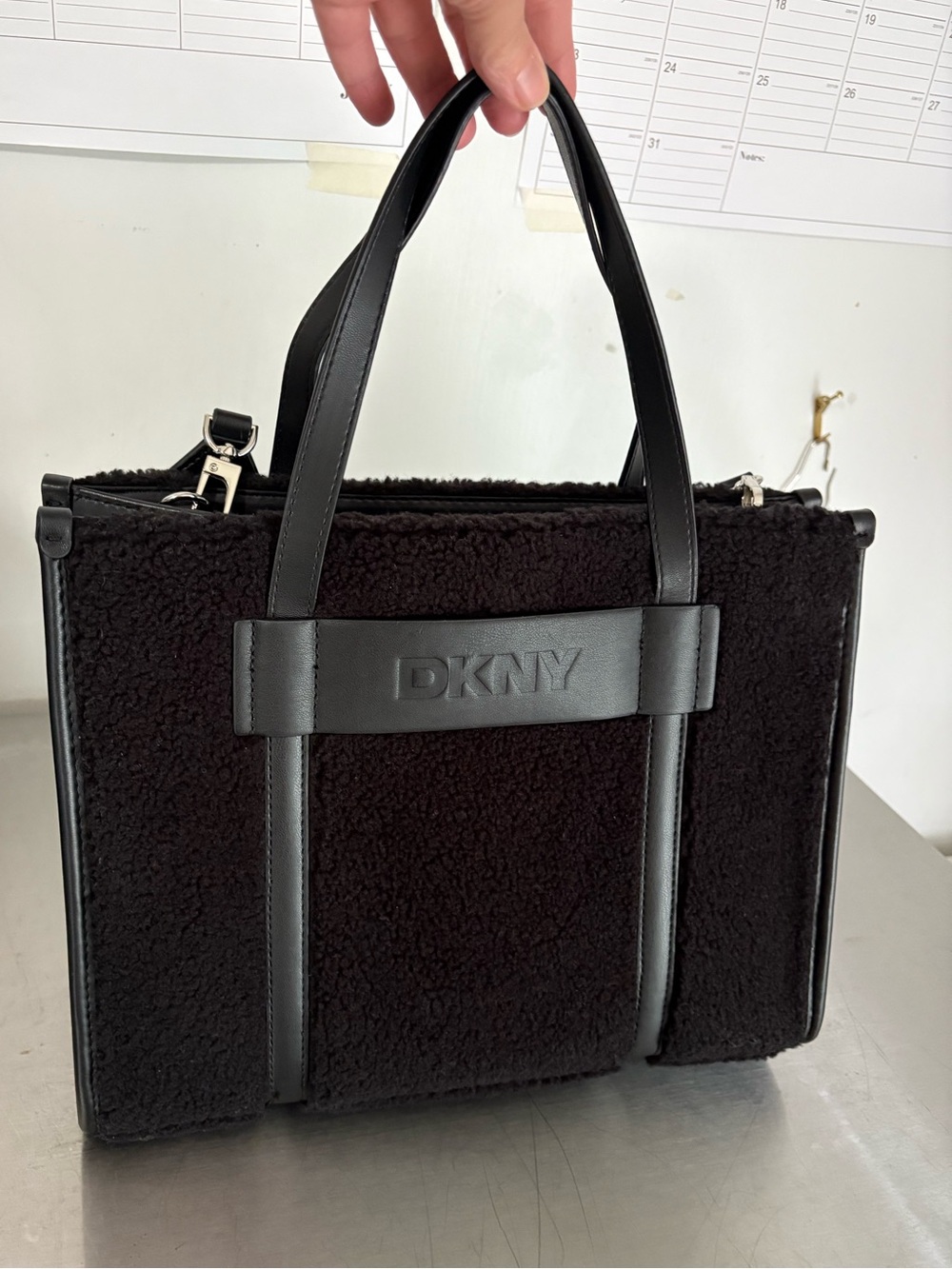 DKNY black faux fur tote like new